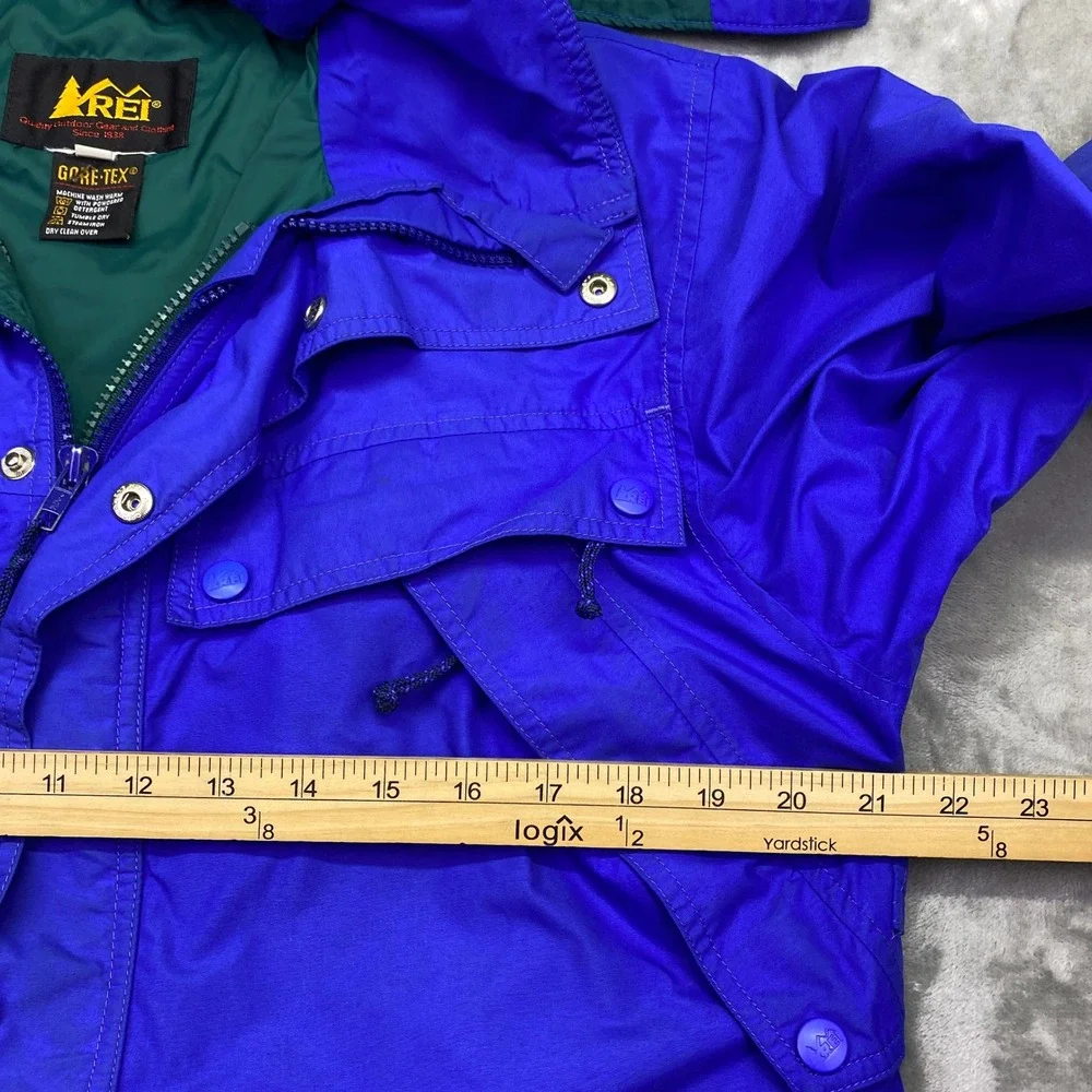 REI Gore-Tex‎ Jacket Blue Green Hooded Outdoor Hiking Adventure Size S Grunge